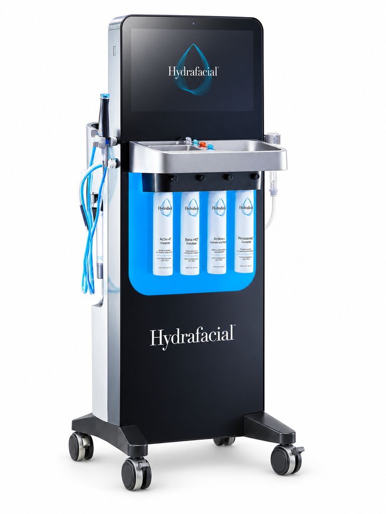 HydraFacial-Gerät mit Display, Handstücken und Serumbehältern