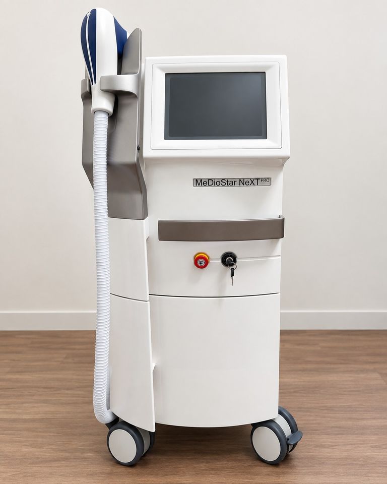 MeDioStar NeXT PRO von Asclepion mit Handstück in der Halterung