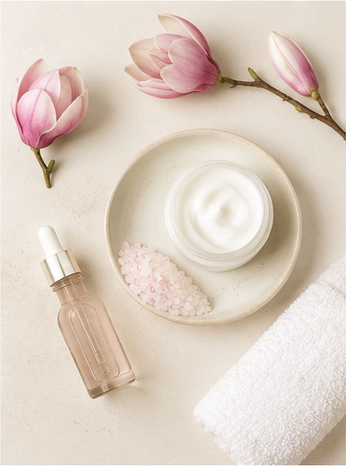 Symbolbild: Serumflasche, Cremetiegel und Handtuch neben Magnolienblüten